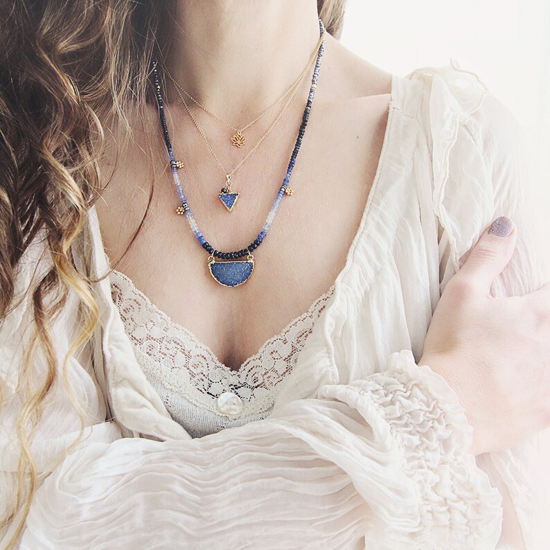 Triangle Pendant Blue Geometric Necklace Druzy Triangle Necklace September Birthstone Blue Sapphire Necklace Modern Jewelry