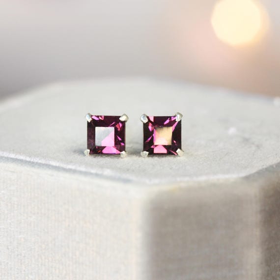 Purple Square Stud Earrings - Austrian Crystal Violet Amethyst Faceted Studs