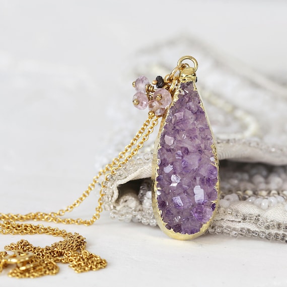 Amethyst Druzy Necklace - Diamond & Amethyst Cluster Necklace