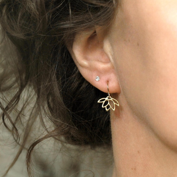 Dainty Gold Lotus Flower Dangle Earrings - Boho Jewelry, Spiritual Yoga Meditation Gift