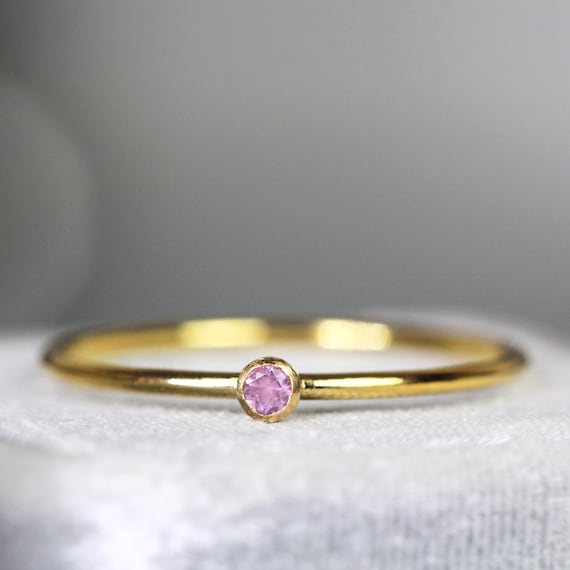 Pink Sapphire Ring Round Cut Solitaire Skinny Band Stacking Ring Gold Silver Anniversary Gift Women Girls Teen Engagement Minimalist Jewelry