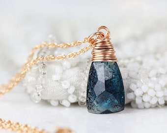 Rose Gold Kyanite Necklace - Wire Wrapped Gemstone Pendant - Moss Kyanite Pendant