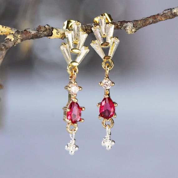 Art Deco Style Earrings - 1920s Red CZ Crystal Earrings