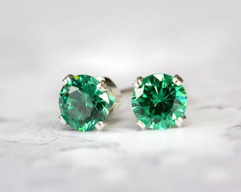 Teal Cubic Zirconia Stud Earrings - Unisex Green Minimalist Studs - Christmas Earrings - Gold or Silver Crystal Earrings for Men or Women