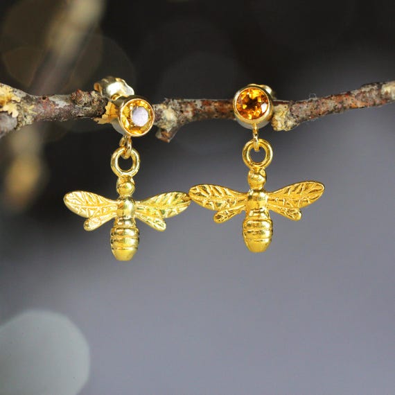 Gold Bee Earrings - Citrine Honey Bee Drop Earrings