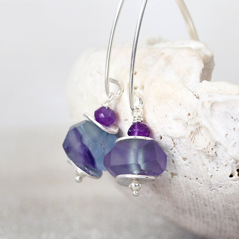 Fluorite Earrings Raw Fluorite Earrings Raw Stone Earrings Silver Stone Earrings Fluorite Jewelry Purple Blue Fluorite Earrings