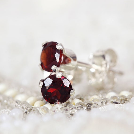 Red Garnet Earrings - Gemstone Stud Earrings