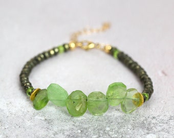 Raw Peridot Bracelet - August Birthstone Jewellery - Peridot & Pyrite Raw Stone Jewelry - Green Gemstone Bracelet - Statement Bracelet Women