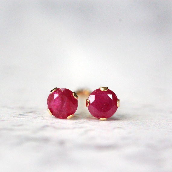 14k Solid Gold Ruby Stud Earrings - Dainty Minimal Fine Jewelry