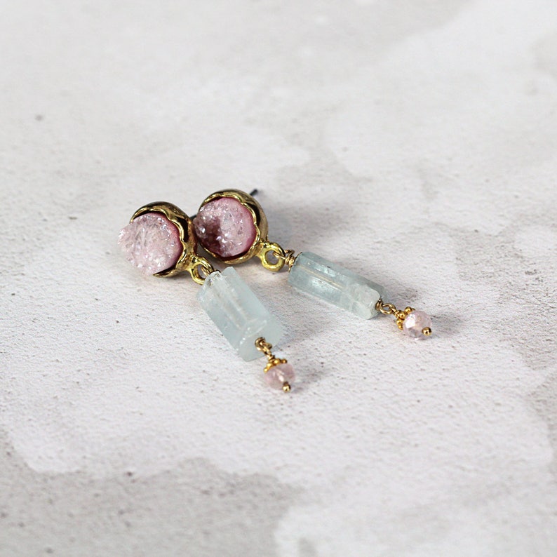 Raw Aquamarine & Rose Quartz Earrings Druzy Drop Earrings March Birthstone Healing Crystal Jewelry Unusual Multi Stone Earrings image 1