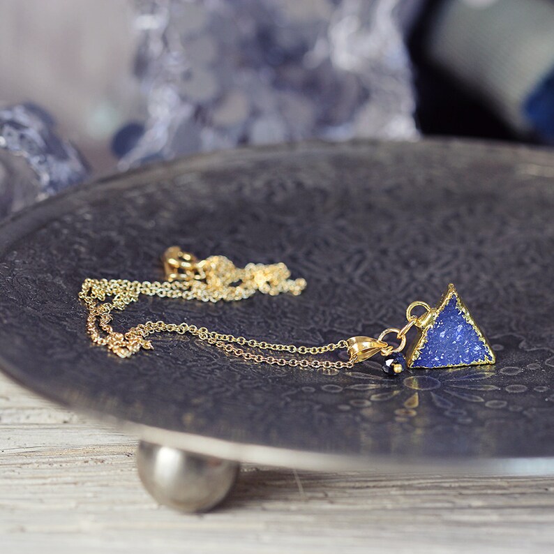 Triangle Pendant Blue Geometric Necklace Druzy Triangle Necklace September Birthstone Blue Sapphire Necklace Modern Jewelry