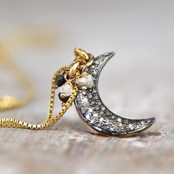 Real Diamond Moon Necklace - Crescent Moon and Star Necklace