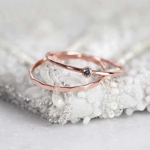 Rose Gold Diamond Ring Set - Salt and Pepper Diamond Ring - Diamond Solitaire Ring