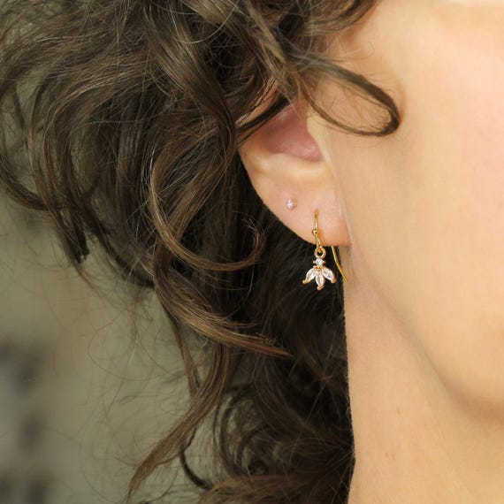 Dainty Gold Dangle Earrings - Pretty Crystal Drops with Flower Petal Marquise Stones
