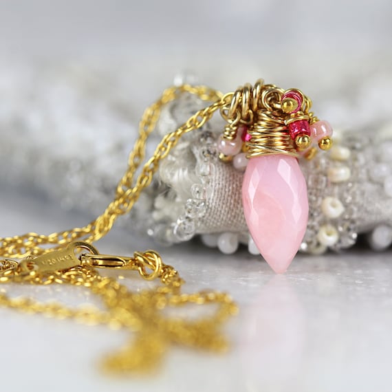 Pink Opal Pendant Necklace - Dainty Cluster Necklace