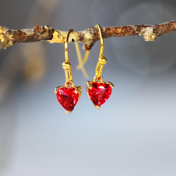 Red Heart Earrings - Red CZ Crystal Drop Earrings