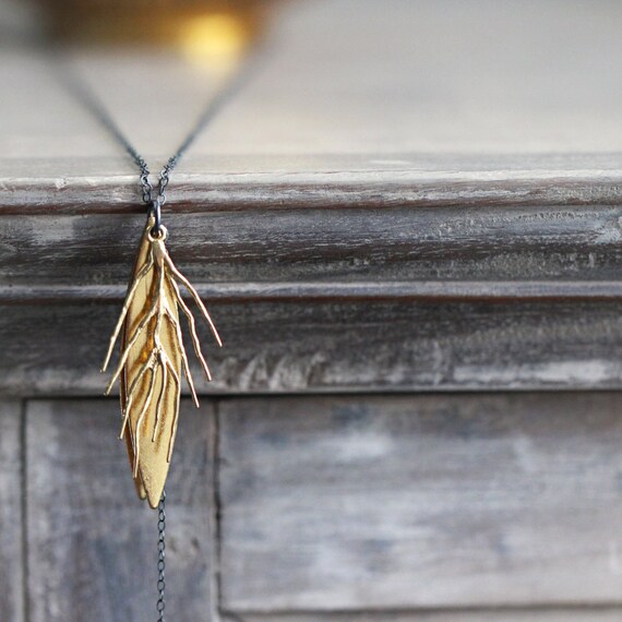 Gold Leaf Necklace - Mixed Metal Necklace