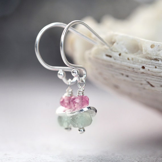 Multi Sapphire Drop Earrings - Green & Pink Sapphire Earrings