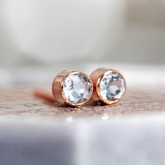 Aquamarine Earrings Studs - Tiny Rose Gold Studs - Minimal Stud Earrings