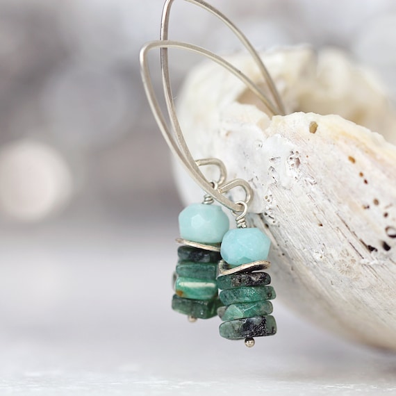 Handmade Silver Emerald Earrings - Modern Boho Gemstone Earrings