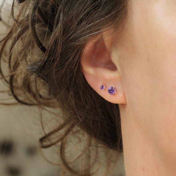 Purple Stud Earrings - Gold Fill Cubic Zirconia Studs