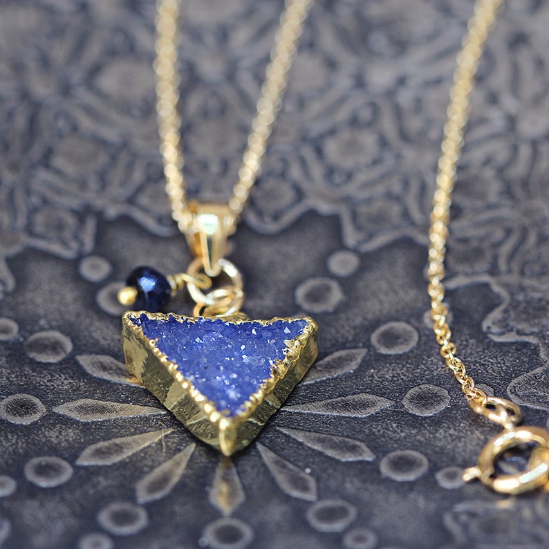 Triangle Pendant Blue Geometric Necklace Druzy Triangle Necklace September Birthstone Blue Sapphire Necklace Modern Jewelry