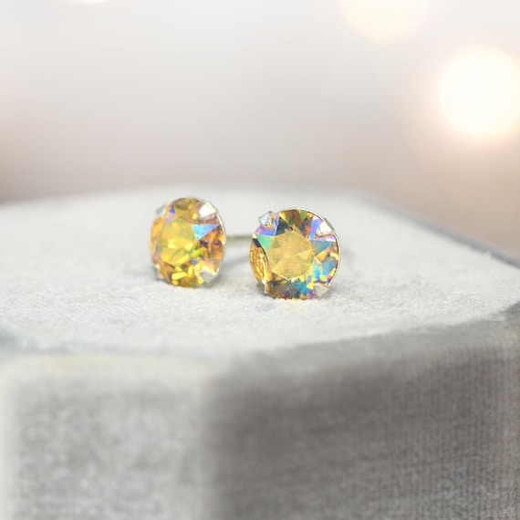 Amber Yellow Crystal Stud Earrings - Aurora Borealis Iridescent Shimmer Studs