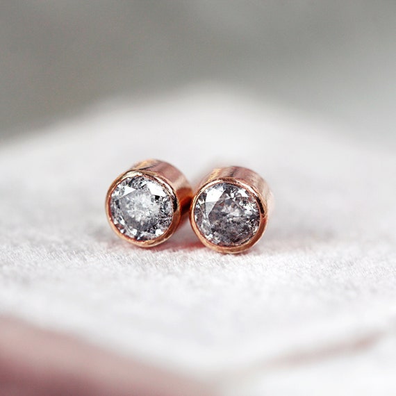 Grey Diamond Stud Earrings - Rose Gold Stud Earrings - Tiny Stud Earrings