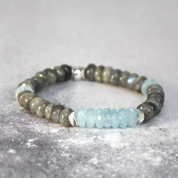 Aquamarine & Labradorite Bracelet - Unisex Chunky Stone Bracelet