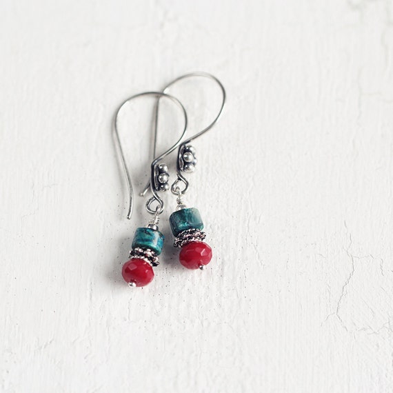 Red Coral Earrings - Chrysocolla Earrings