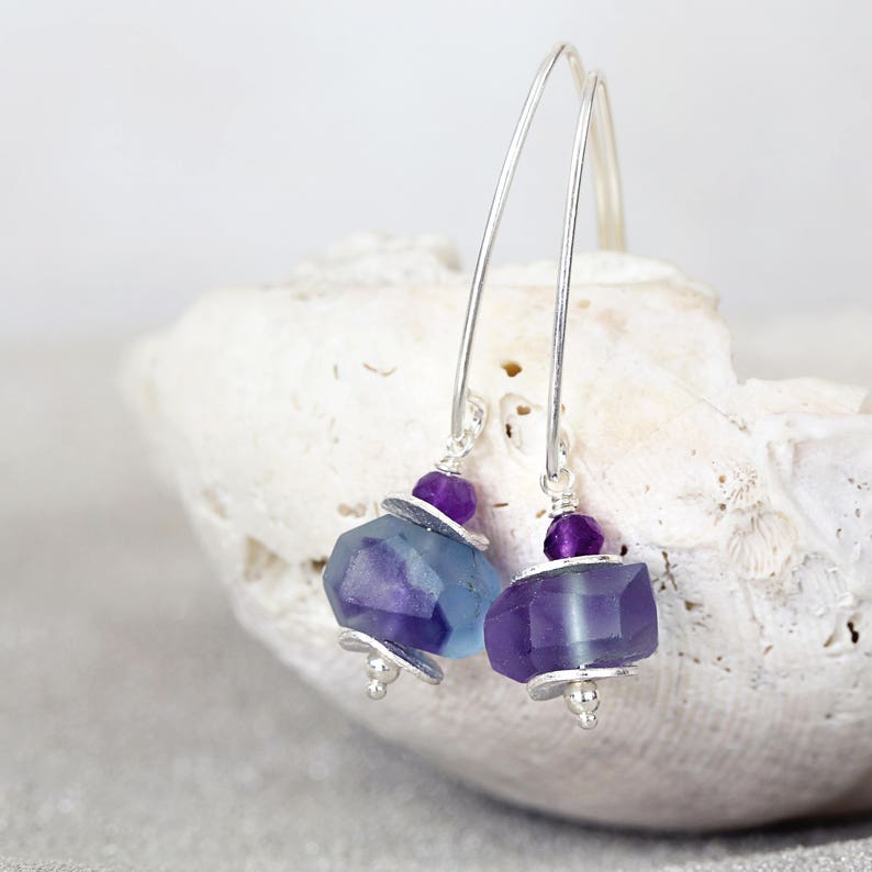 Fluorite Earrings Raw Fluorite Earrings Raw Stone Earrings Silver Stone Earrings Fluorite Jewelry Purple Blue Fluorite Earrings