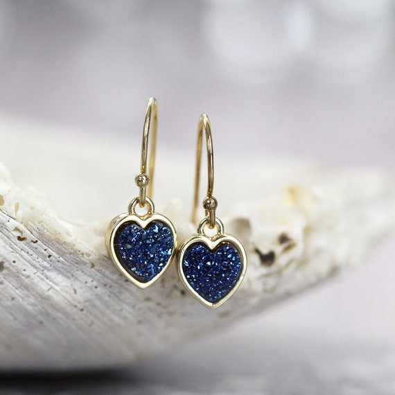 Love Heart Earrings - Blue Druzy Earrings Gold or Silver