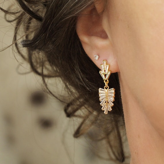 Art Deco Crystal Fan Drop Earrings - Gold Baguette Cz Dangle Earrings
