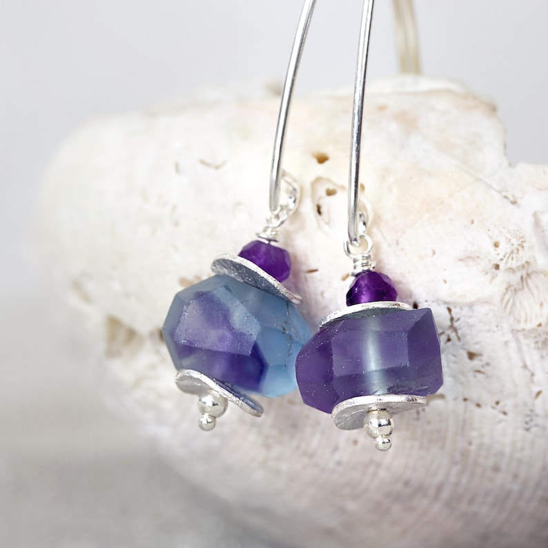 Fluorite Earrings Raw Fluorite Earrings Raw Stone Earrings Silver Stone Earrings Fluorite Jewelry Purple Blue Fluorite Earrings