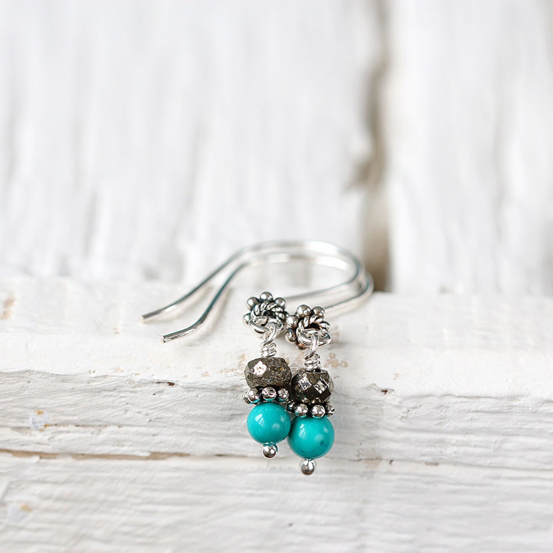 Silver Turquoise Earrings Tiny Stone Earrings Turquoise - Etsy
