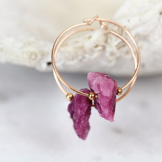 Pink Tourmaline Earrings - Raw Stone Hoop Earrings