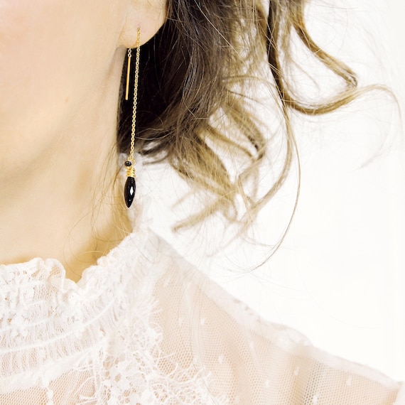Black Spinel Long Threader Earrings - Black Diamond Earrings