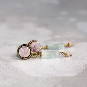 Raw Aquamarine & Rose Quartz Earrings Druzy Drop Earrings March Birthstone Healing Crystal Jewelry Unusual Multi Stone Earrings image 3