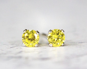 Yellow Crystal Stud Earrings - Colorful CZ Jewelry | Gold or Silver