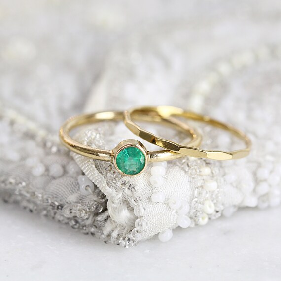 Emerald Solitaire Ring Set - Emerald Ring For Women - Stacking Birthstone Rings