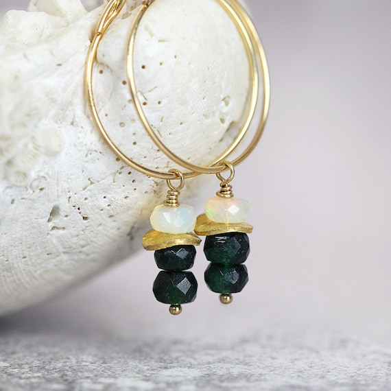 Emerald & Opal Hoop Earrings - Dainty Hoop Earrings For Women