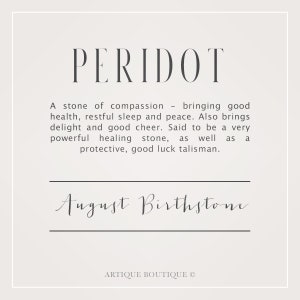 A written description detailing information about the peridot gemstone used in Artique Boutiques handmade jewellery. It briefly describes information about the history and myths of the aquamarine gemstone, its metaphysical properties and qualities