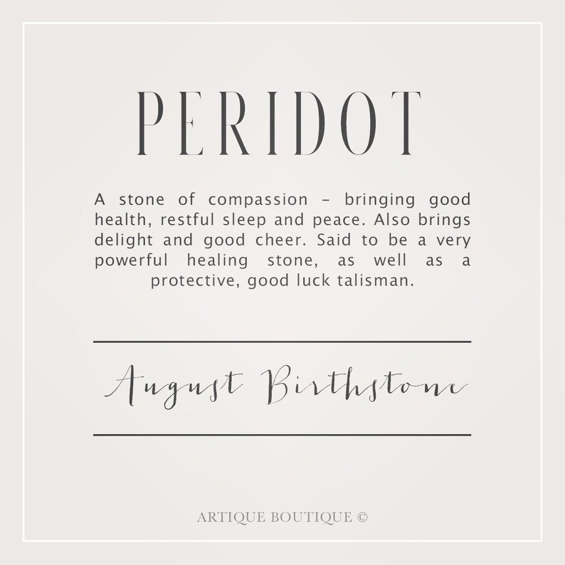 A written description detailing information about the peridot gemstone used in Artique Boutiques handmade jewellery. It briefly describes information about the history and myths of the aquamarine gemstone, its metaphysical properties and qualities