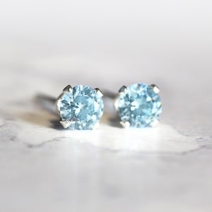 Aquamarine CZ Stud Earrings - Cubic Zirconia Ocean Blue Ear Studs - Hypoallergenic Minimalist CZ Earrings - Handmade Sterling Silver Jewelry
