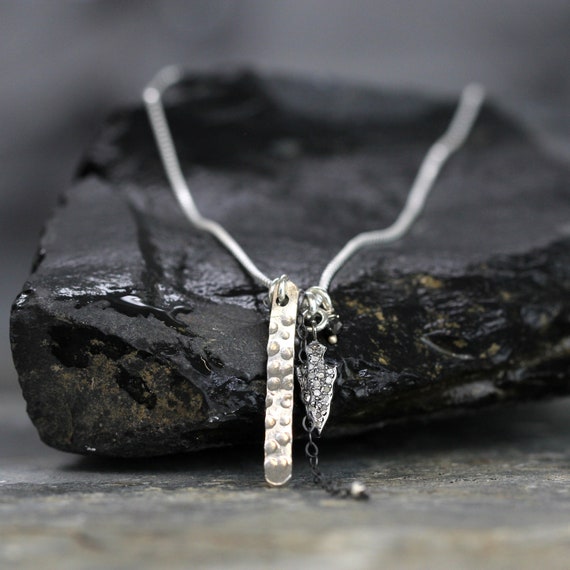 Modern Diamond Necklace - Mixed Metal Diamond Pave Pendant - Sterling Silver & Black Diamond Necklace - Unique Handmade Artisan Jewellery