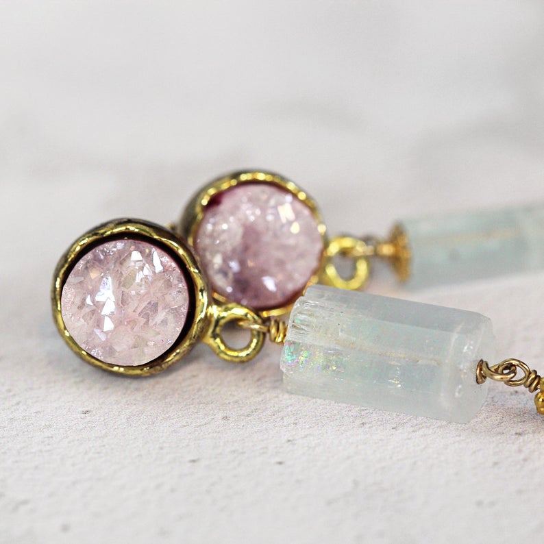 Raw Aquamarine & Rose Quartz Earrings Druzy Drop Earrings March Birthstone Healing Crystal Jewelry Unusual Multi Stone Earrings image 4