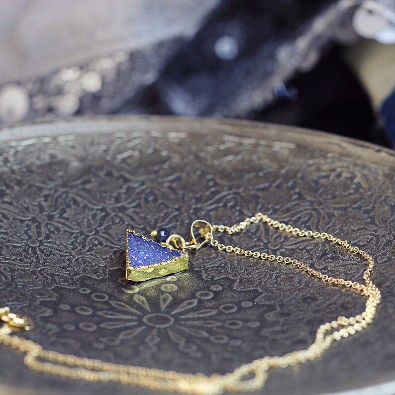 Triangle Pendant Blue Geometric Necklace Druzy Triangle Necklace September Birthstone Blue Sapphire Necklace Modern Jewelry