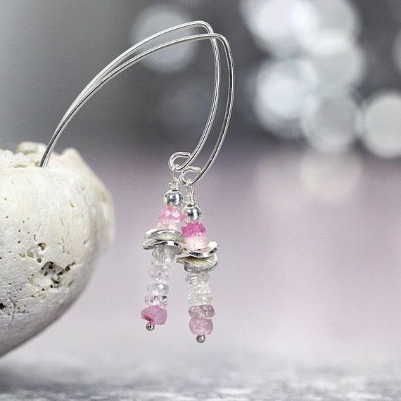 Pink and White Sapphire Earrings - Dainty Silver Precious Stone Earrings