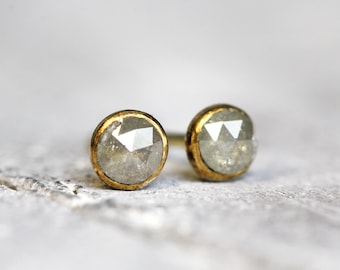 Rose Cut Grey Diamond Stud Earrings PAIR - Dainty Minimalist Everyday Diamond Earrings - 3mm or 4mm Genuine Diamond Studs in Gold or Silver