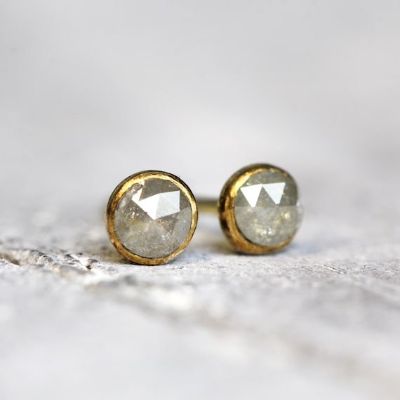 Rose Cut Grey Diamond Stud Earrings - Dainty Minimalist Everyday Diamond Earrings